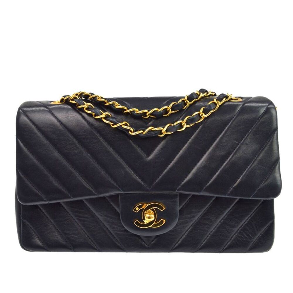 Chanel Vintage Classic Double Flap Chevron Lambskin Black Leather Shoulder Bag